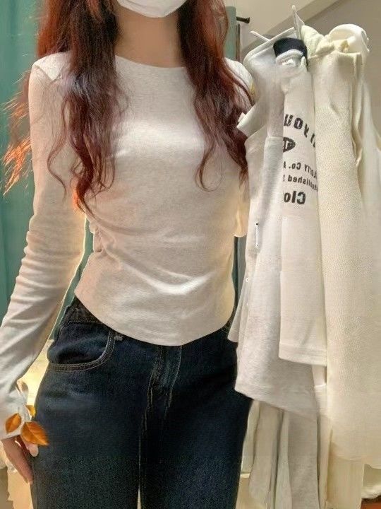 設計感小眾正肩長袖T恤女春秋冬內搭短款打底衫辣妹修身顯瘦上衣