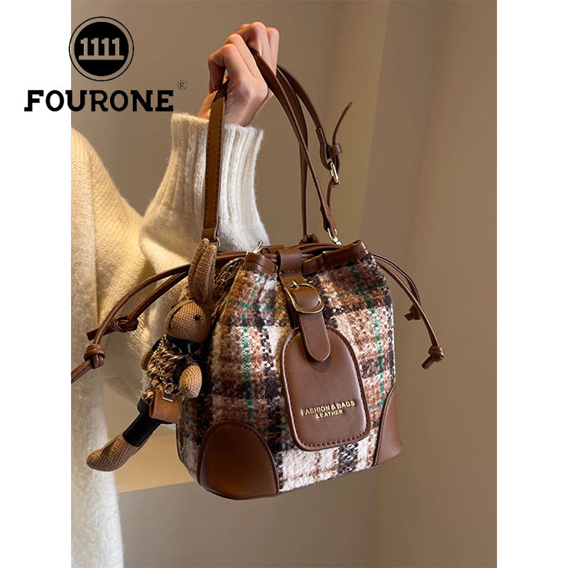 Houndstooth bag women's new Korean style fashion shoulder crossbody bag retro woolen plaid bucket bag