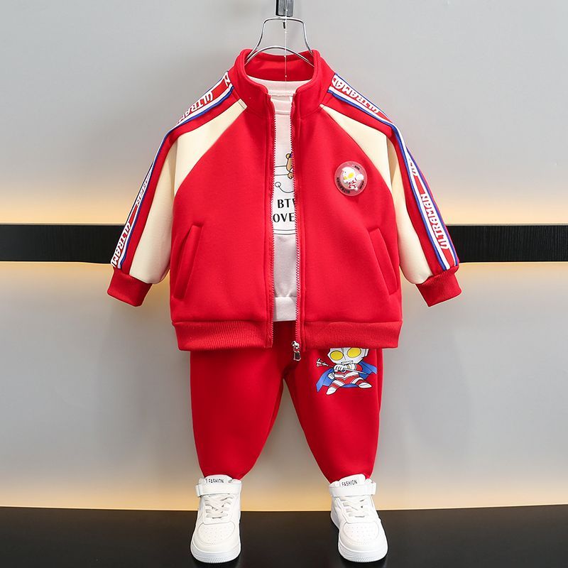 兒童裝男童加絨套裝秋冬季2023新款加厚奧特曼衣服冬裝兩件套夾克