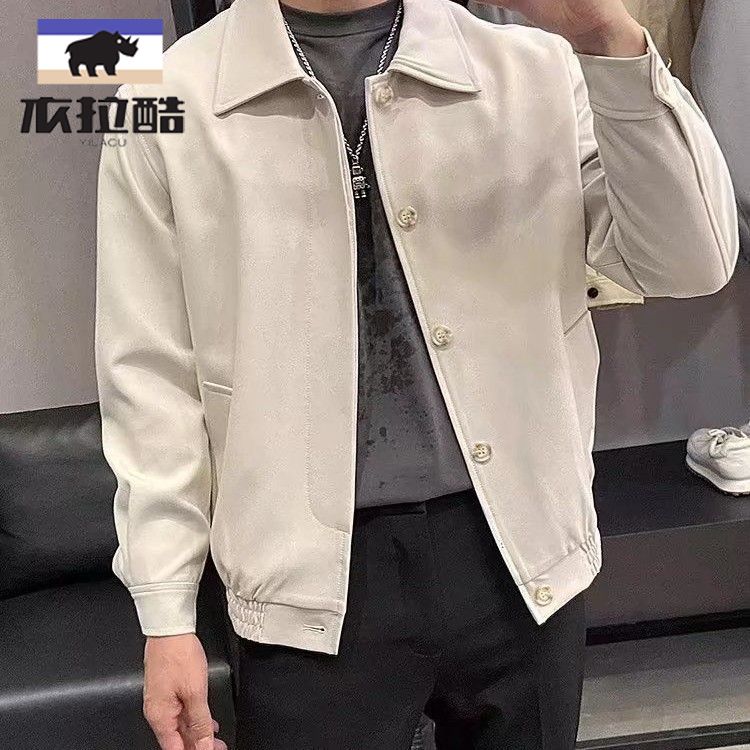 學生男秋冬新款休閒杏色翻領夾克寬鬆韓版潮流短款廓形外套上衣男