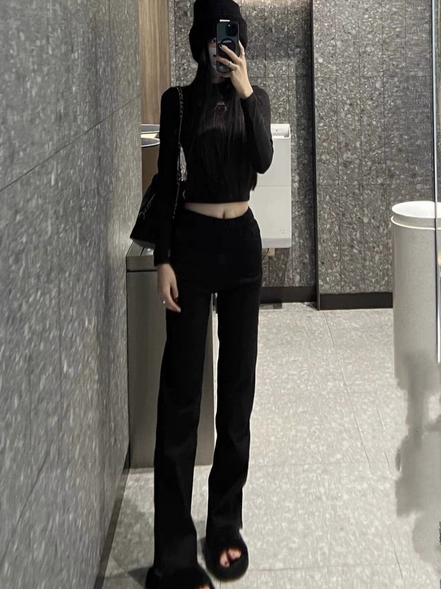 黑色窄版闊腿直筒牛仔褲女2023秋冬新款高腰顯瘦小個子垂感拖地褲