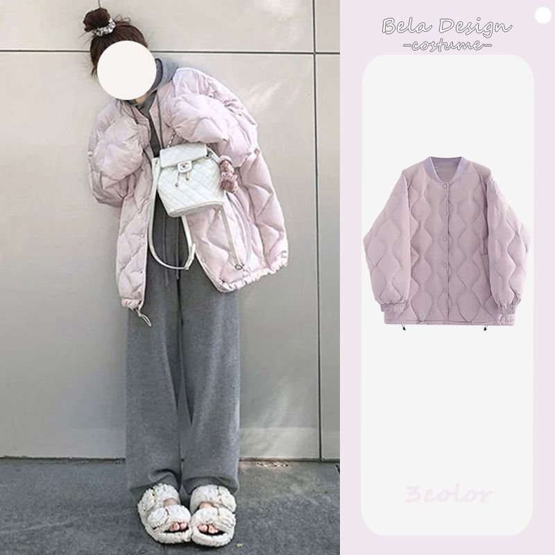 韓系菱格保暖棉服女2023冬季新款氣質慵懶風寬鬆小個子棉衣外套潮