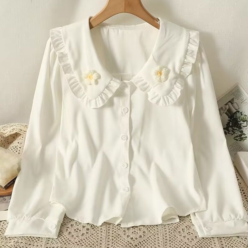 韩版甜美花朵娃娃领白色衬衫女秋季新款洋气减龄衬衣长袖上衣