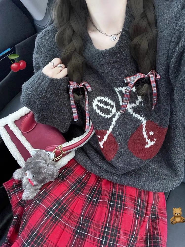 美式復古櫻桃提花針織毛衣女秋冬新款顯瘦設計感聖誕穿搭百搭上衣