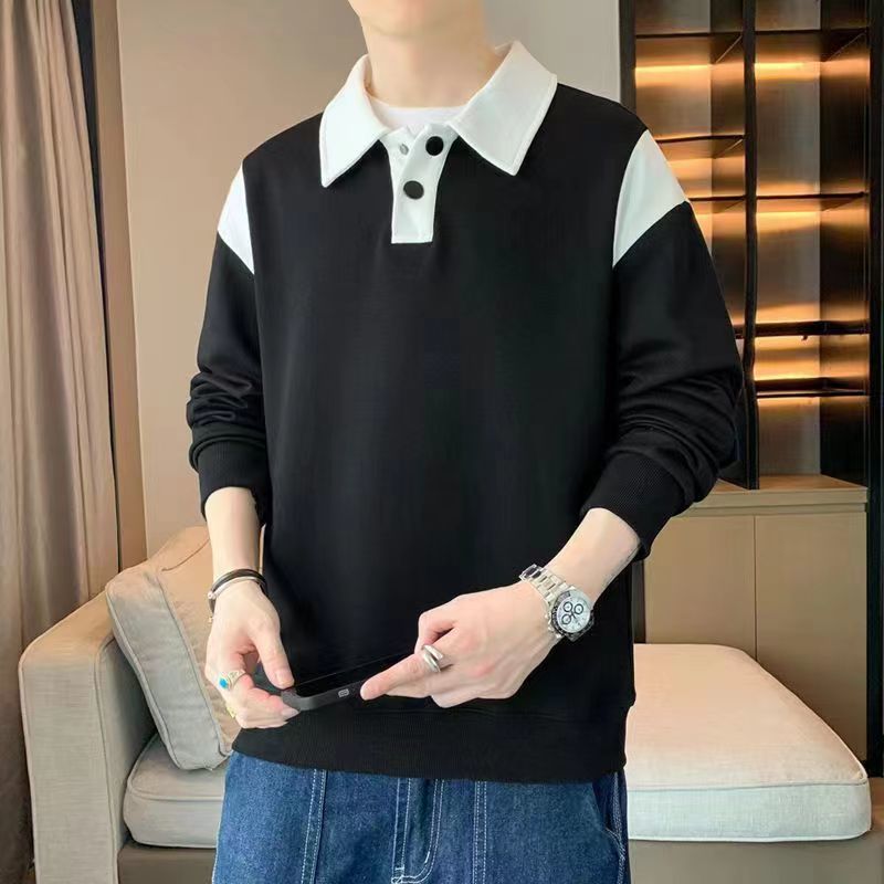 秋季新款男士POLO衫寬鬆長袖T恤秋裝衣服大碼打底衫體恤男裝上衣