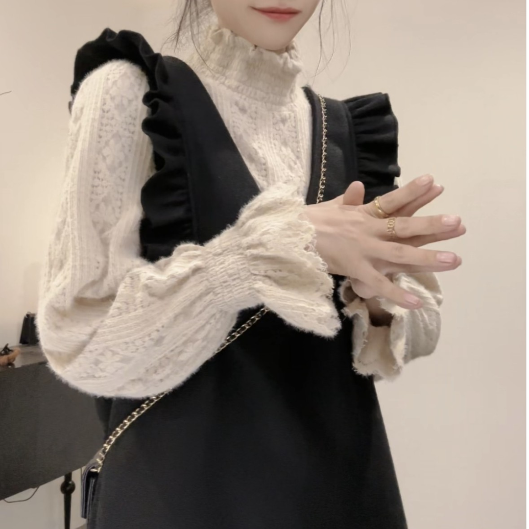2023秋冬新款韓系蕾絲衫+氣質荷葉馬甲呢子裙甜美減齡顯瘦兩件套