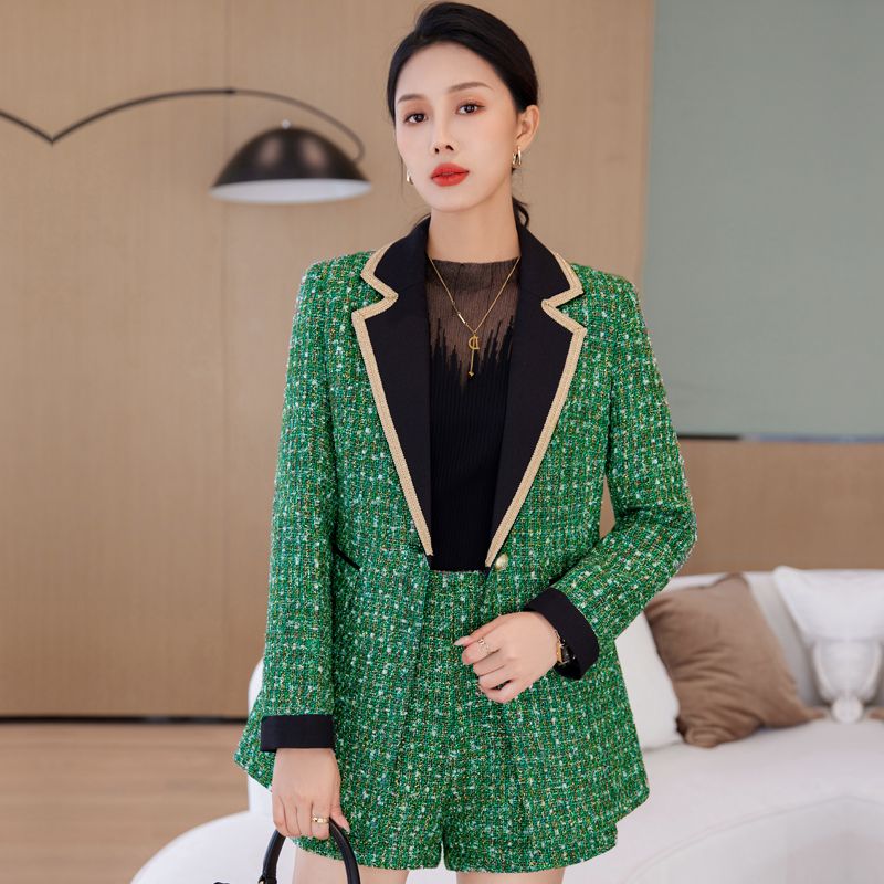 綠色小香風毛呢西裝外套女秋冬高級感氣質女神范時尚洋氣西服套裝
