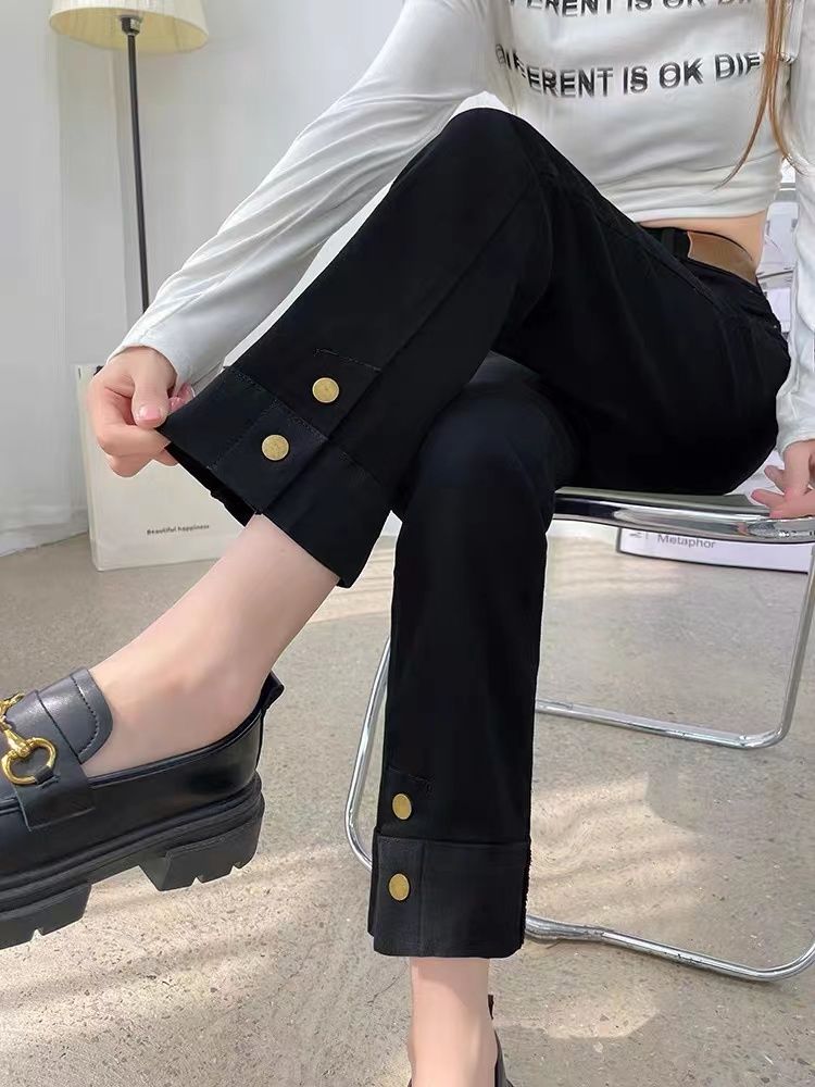 高腰直筒牛仔褲女2023年秋裝新款小個子秋冬法棍褲顯瘦加絨煙管褲