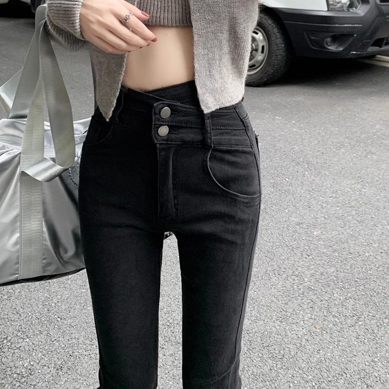 辣妹復古黑色高腰小腳牛仔褲女秋季小個子彈力修身顯瘦鉛筆長褲子