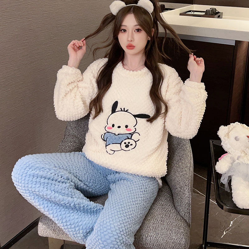 日系可愛帕恰狗珊瑚絨睡衣女秋冬季新款加厚卡通學生可外穿家居服