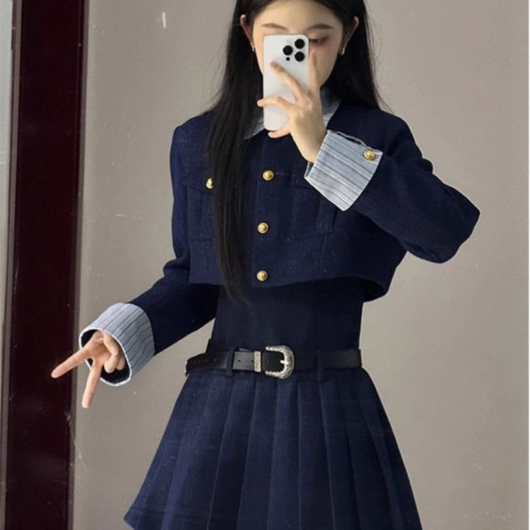 秋季新款女裝套裝學院小香風短外套連衣裙子兩件套秋裝搭配一整套