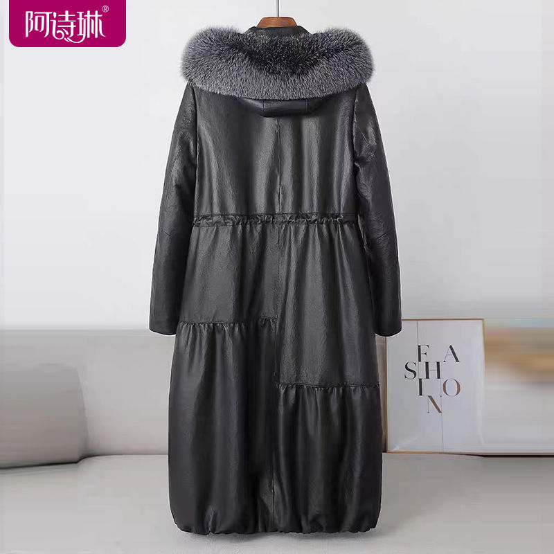 Thickened women's leather mid-length round neck coat autumn and winter fur collar leather jacket slimming 23 years new trendy style