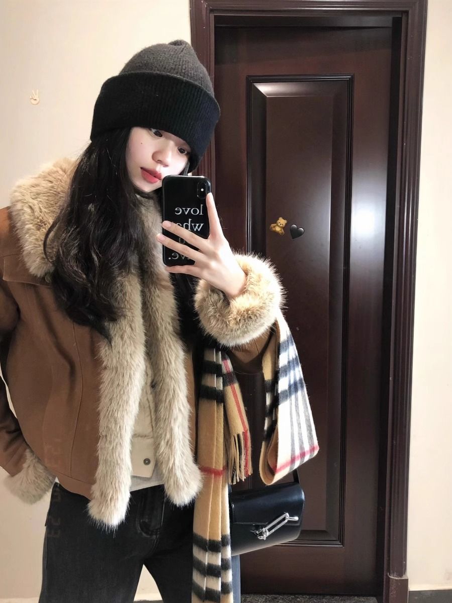 棕色牛仔外套女冬季新款毛毛領高級感炸街羊羔毛絨棉服短款上衣潮