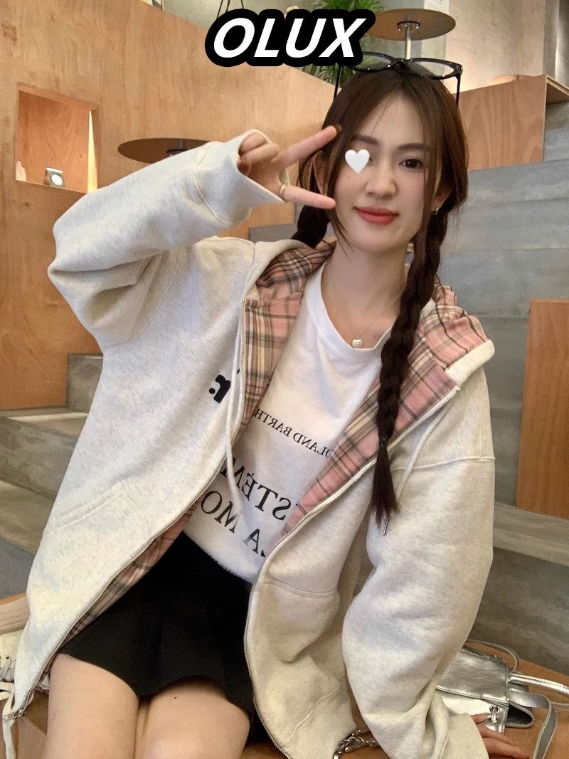 OLUX美式撞色格紋里布拉鏈外套女秋冬新款設計感小眾寬鬆開衫外套