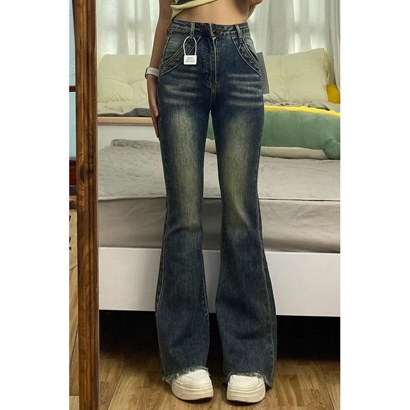 復古彈力毛邊微喇牛仔褲女秋季新款高腰百搭小個子顯瘦梨形身材褲