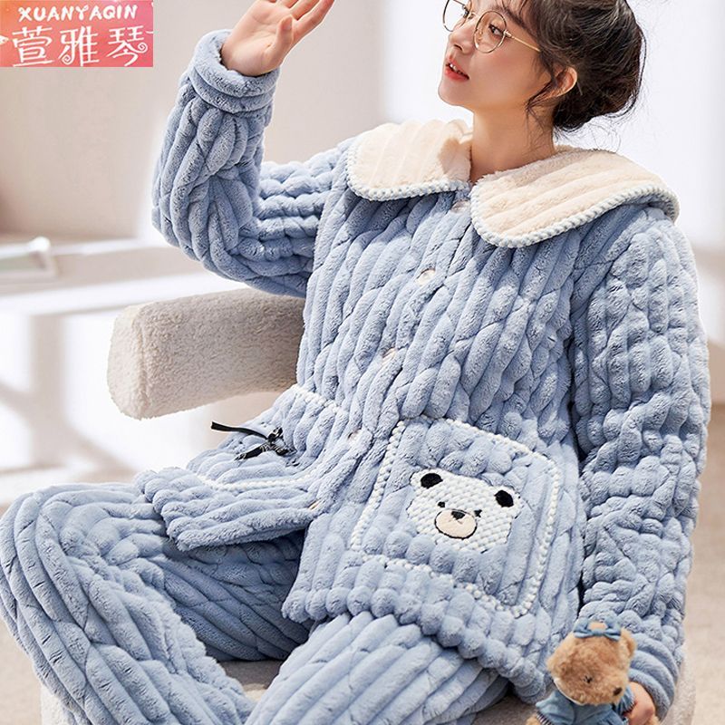 冬季三層夾棉加厚睡衣女加絨保暖套裝珊瑚絨大碼可外穿棉襖家居服
