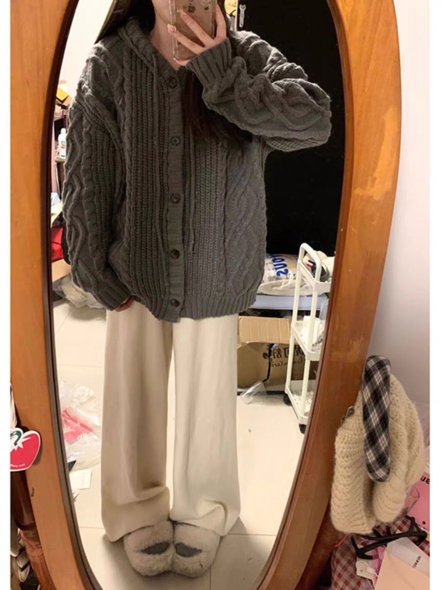 美式連帽學院風麻花毛衣外套女秋冬外穿復古氣質設計感上衣針織衫