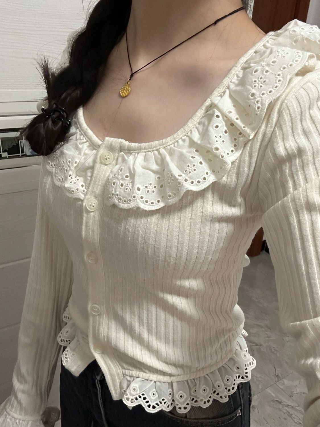 秋冬季辣妹修身短款荷葉低領針織衫女新款減齡顯瘦開衫上衣