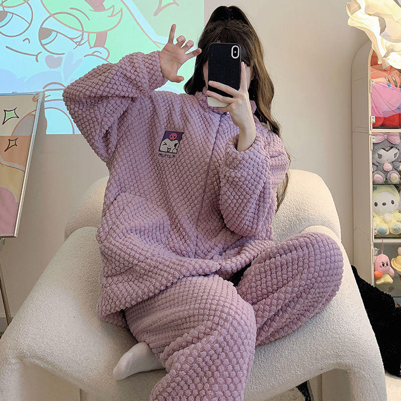 可愛庫洛米加厚加絨珊瑚絨睡衣女新款秋冬季拉鏈保暖可外穿家居服