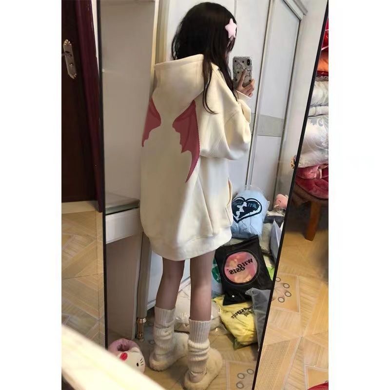美式街頭設計感連帽衛衣女秋冬寬鬆慵懶風hiphop潮牌杏色加絨上衣
