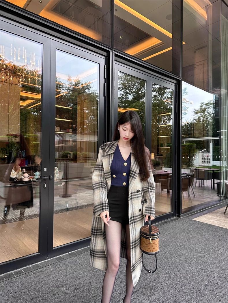 Woolen coat  autumn and winter new style high-end small plaid double-sided cashmere woolen mid-length coat for women