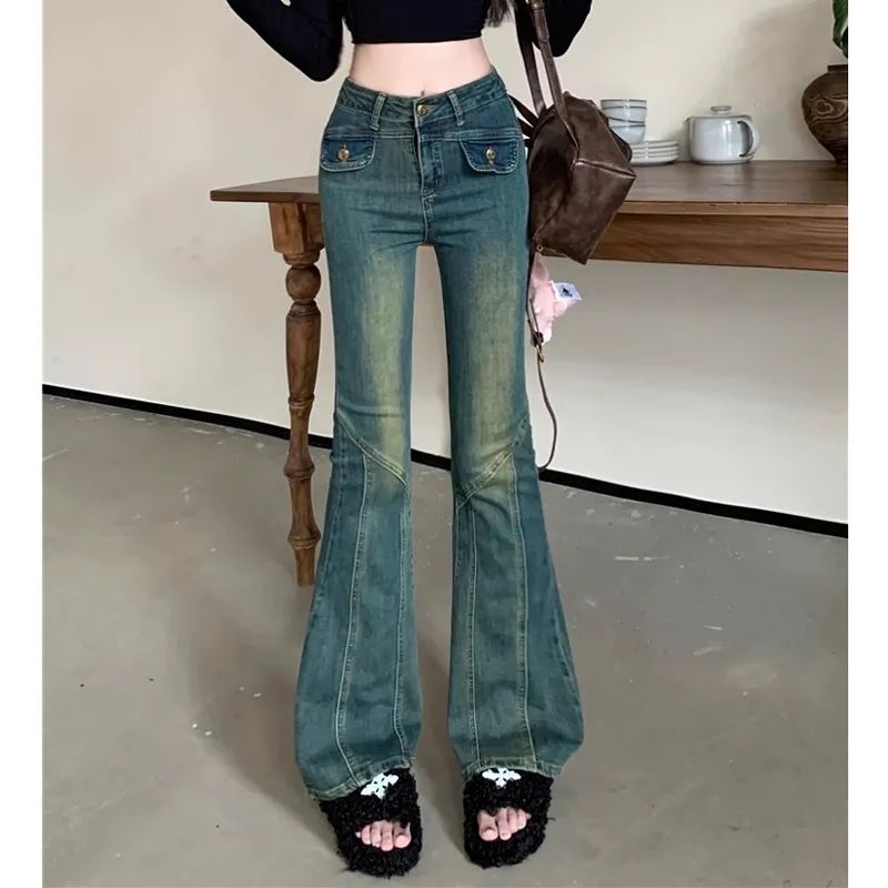 高街復古辣妹微喇牛仔褲女145小個子XS修身彈力顯瘦高腰拖地褲子