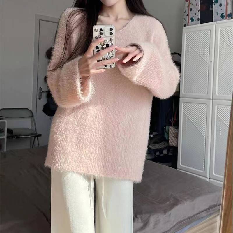 軟糯慵懶風粉色針織毛衣女裝早秋冬季小眾高級感寬鬆溫柔韓系上衣