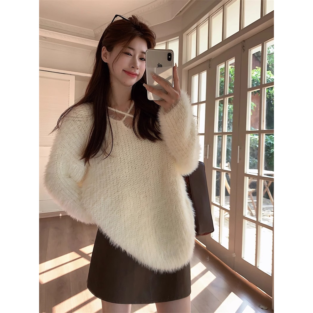 設計感法式氛圍感軟糯毛衣女秋冬仿貂絨寬鬆慵懶風套頭純色針織衫