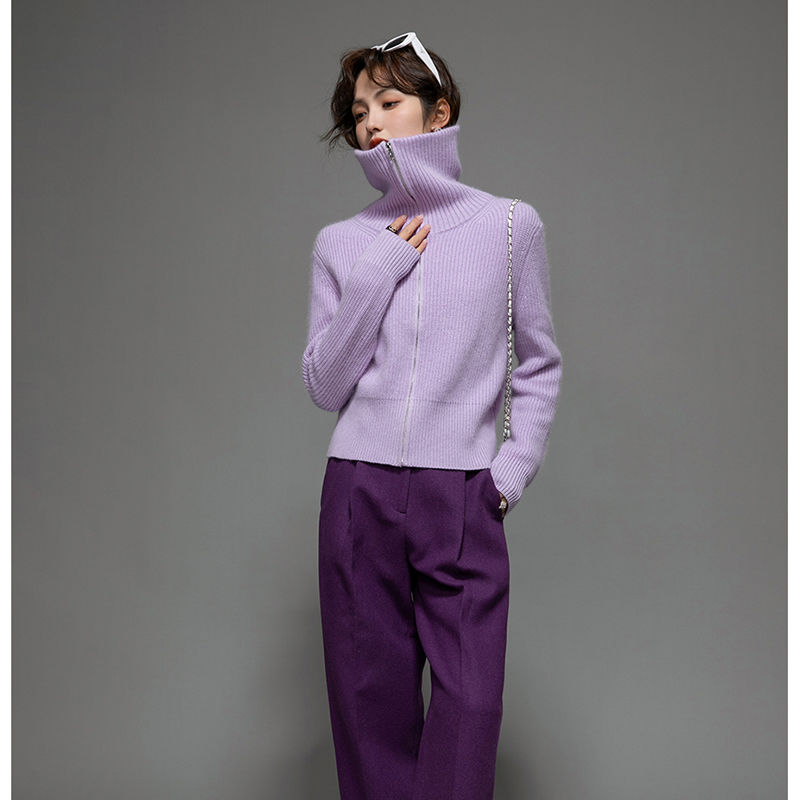 画朴法式紫色保暖拉链针织衫女装秋冬季新款软糯加厚高领毛衣