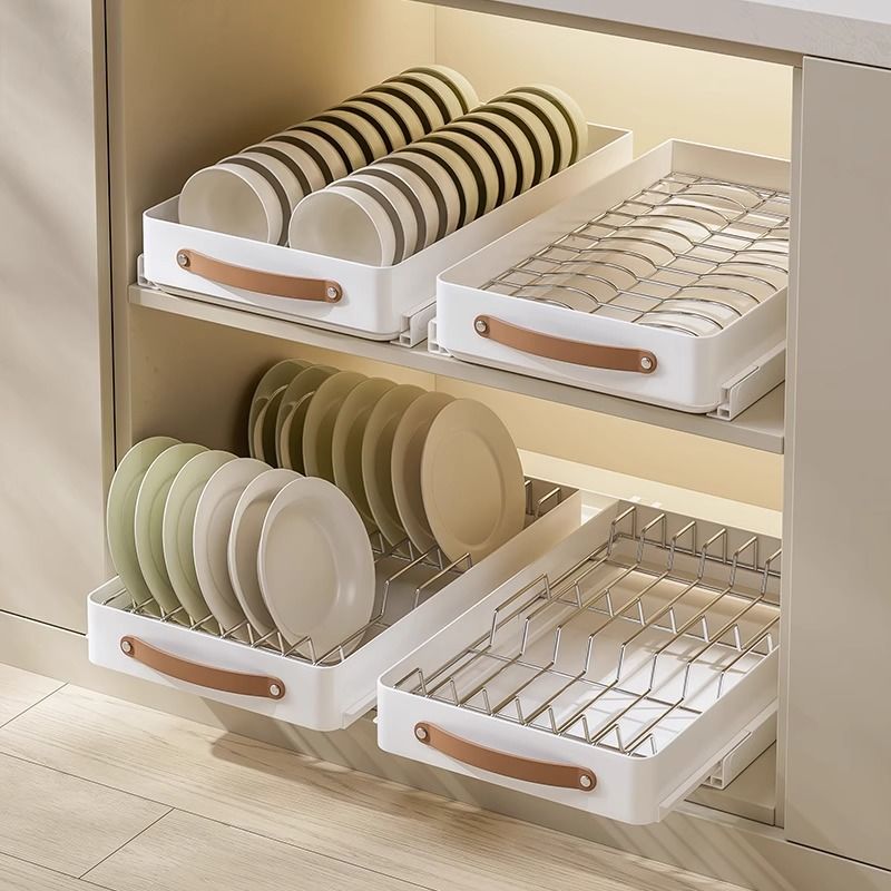 不锈钢抽拉碗碟架厨房水槽下放碗碟盘橱柜内抽屉式拉篮碗架沥水架