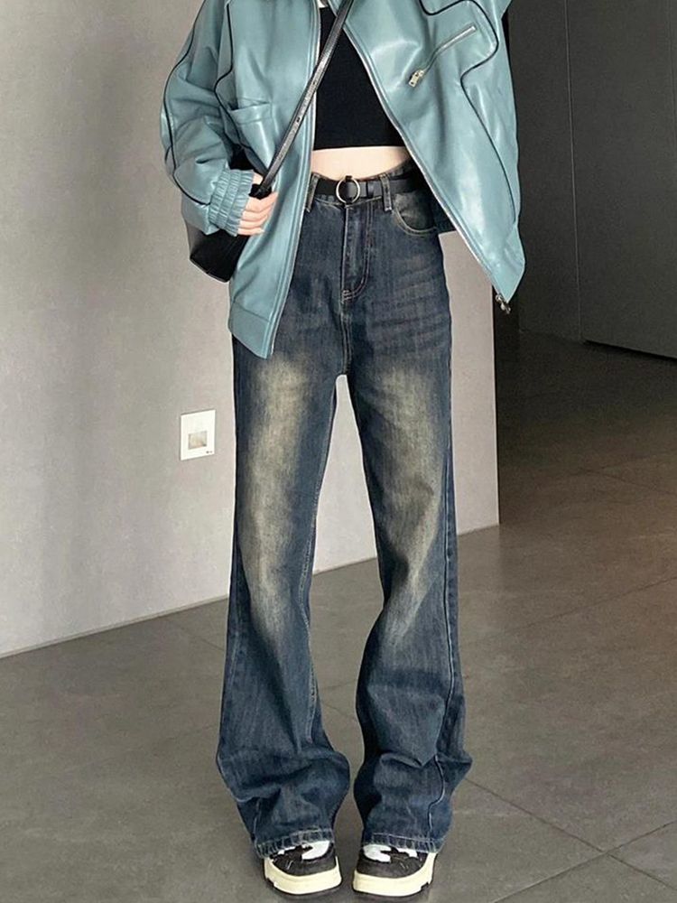 不貼腿做舊微喇叭牛仔褲女冬季新款高腰闊腿顯瘦百搭直筒拖地褲子