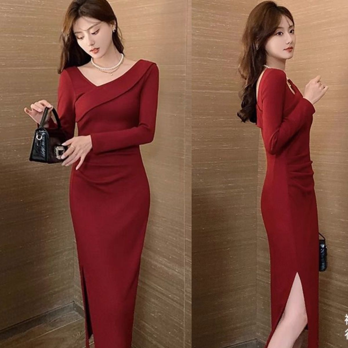 美拉德设计感小众红色时尚针织裙中长款修身气质包臀连衣裙女秋冬