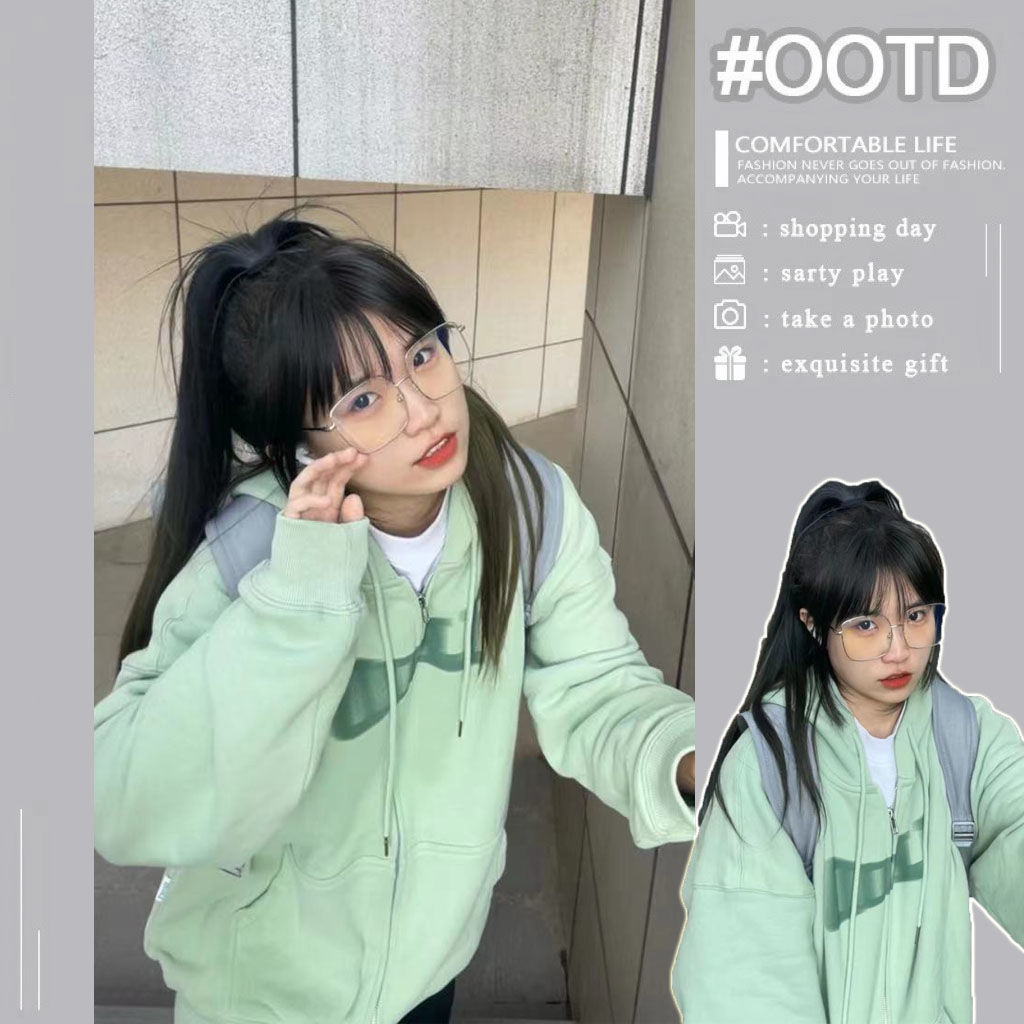 薄荷綠色連帽衛衣開衫女春秋2023新款韓系慵懶風小眾寬鬆加絨外套