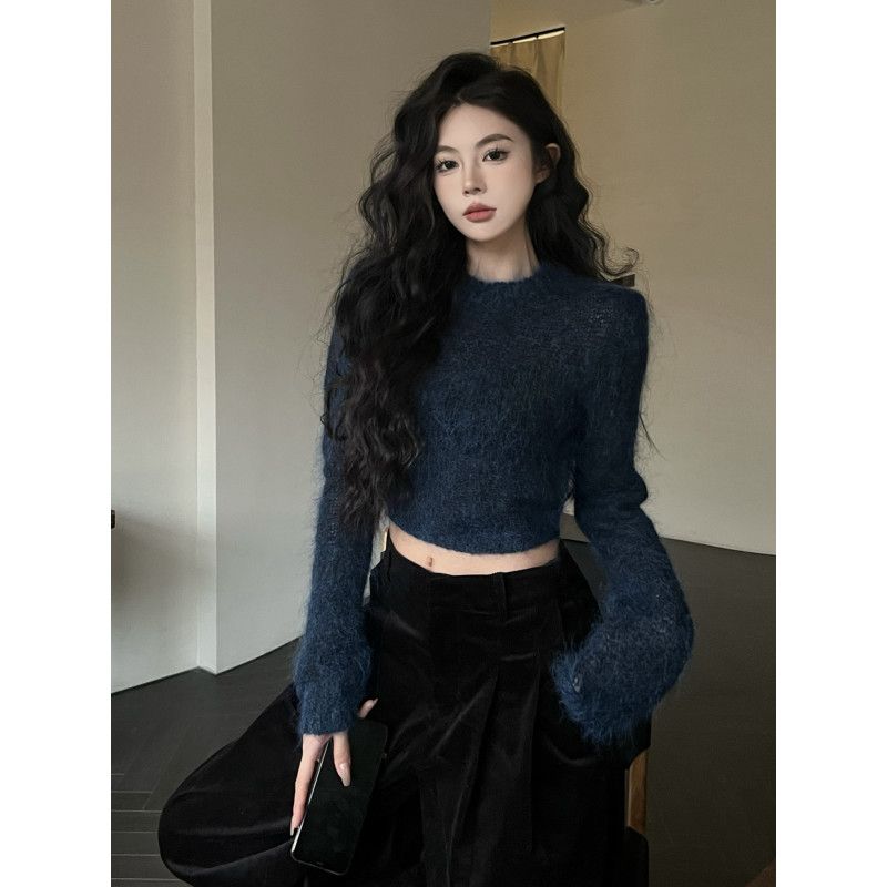 黑色草莓~  美拉德復古時髦純色毛衣秋冬圓領修身針織衫毛毛上衣