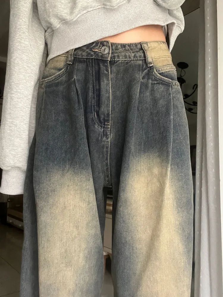 美式復古高腰闊腿牛仔褲女春秋褶皺做舊小個子寬鬆垂感顯瘦直筒褲
