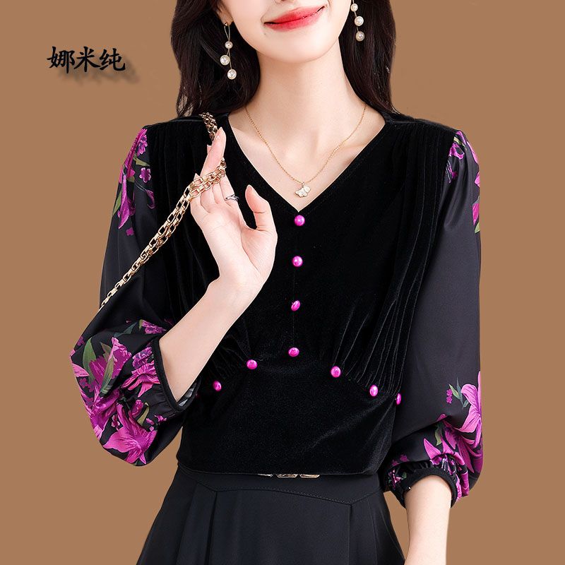 高檔輕奢洋氣拼接金絲絨上衣女春秋季新款設計感小眾V領百搭襯衫