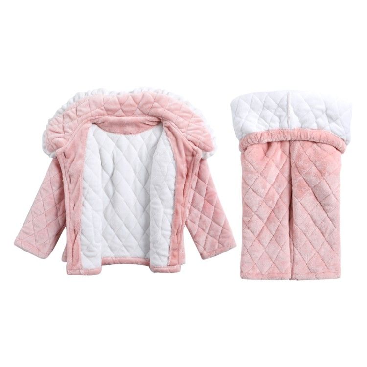 儿童三层加厚夹棉睡衣冬款加绒法兰绒套装女童珊瑚绒小女孩家居服