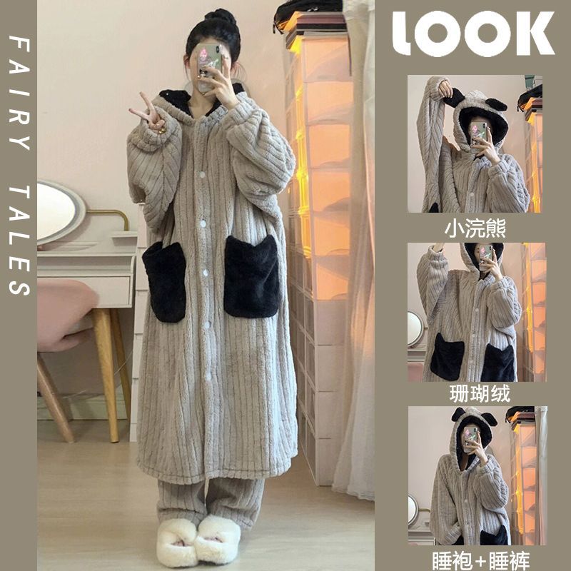 ins風高顏值珊瑚絨睡衣女秋冬加絨加厚連帽法蘭絨家居服套裝外穿