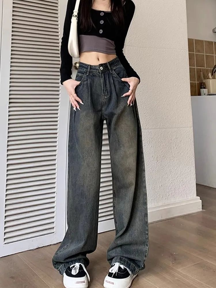 復古水泥灰闊腿牛仔褲女冬季新款做舊高腰寬鬆顯瘦直筒拖地褲子潮