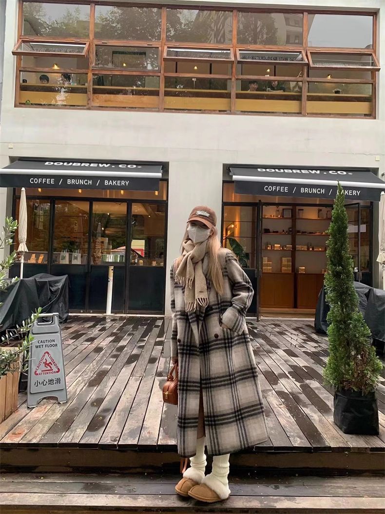 Woolen coat  autumn and winter new style high-end small plaid double-sided cashmere woolen mid-length coat for women