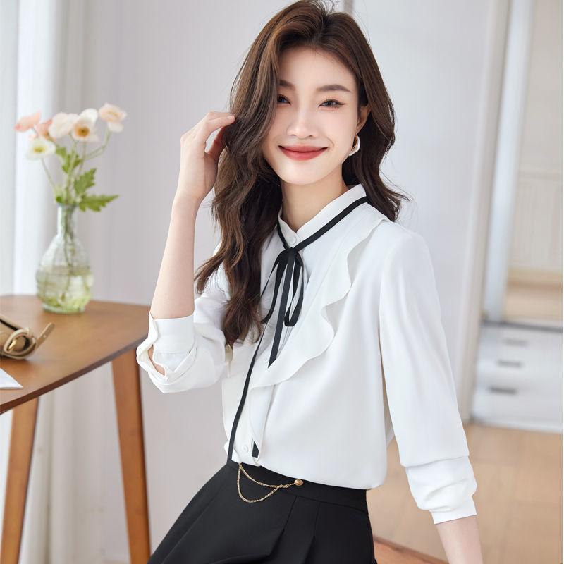 白色雪紡襯衫女2023新款秋裝別致漂亮小衫設計感小眾長袖女士襯衣