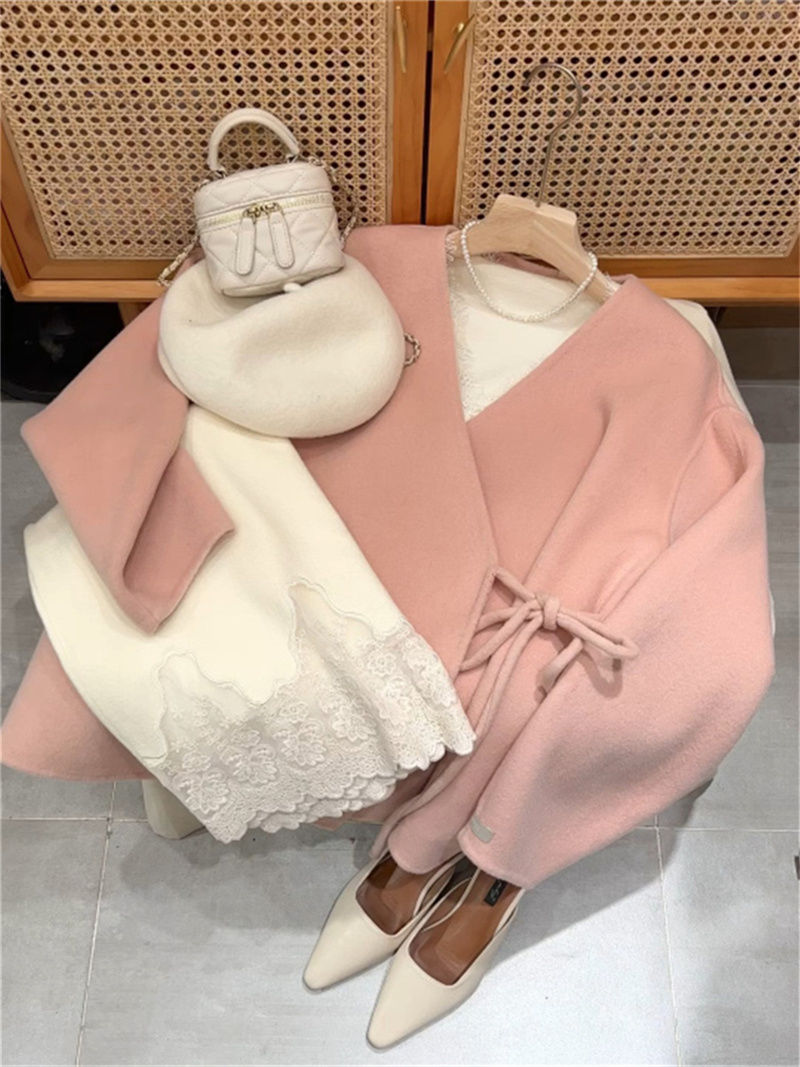Autumn and winter new style Korean celebrity gentle set of woolen strap cardigan knitted bottoming spliced ​​skirt suit
