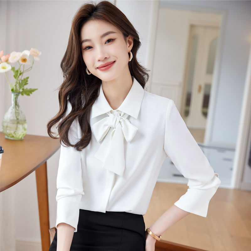 飄帶雪紡襯衫女蝴蝶結2023秋季新款時尚洋氣打底上衣職業長袖襯衣