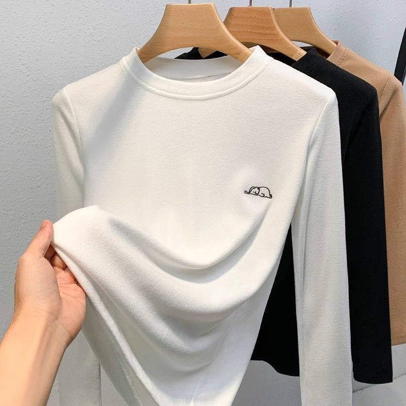 德絨簡約小象刺繡長袖T恤女秋冬新款寬鬆休閒圓領百搭打底衫上衣