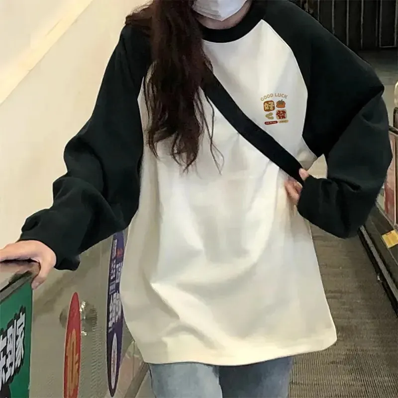 高級感純棉插肩袖撞色長袖T恤女小眾設計韓版ins寬鬆情侶款上衣服