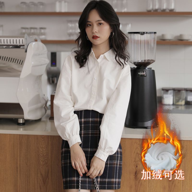 簡約加絨長袖白襯衫女冬季新款加厚內搭打底襯衣學院風基礎款上衣
