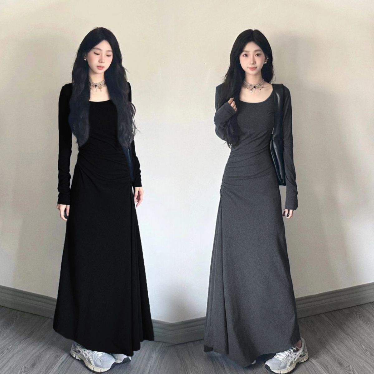 法式方領褶皺長袖連衣裙女秋季2023新款修身收腰顯瘦灰色過膝長裙