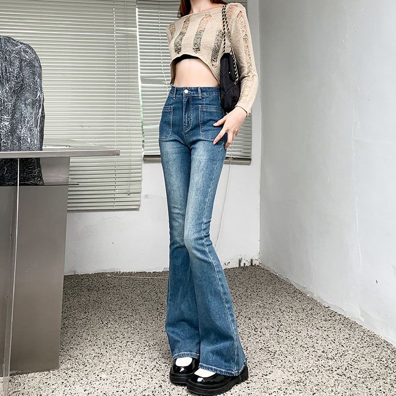 牛仔喇叭褲女裝2023新款馬蹄褲梨形身材復古藍高腰修身顯瘦直筒褲
