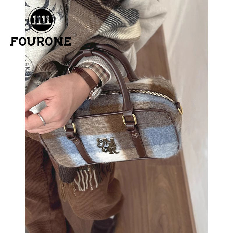 Woolen portable bowling bag women's trendy retro college style pillow bag versatile crossbody bag