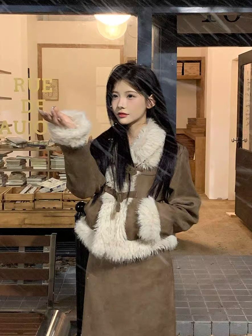 【糖炒栗子】鹿皮絨美拉德外套夾棉厚夾克2023年冬季半身裙女套裝